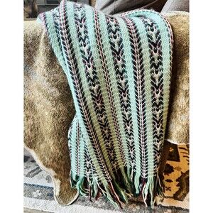 Retro Handmade Crochet Lap Throw Blanket Afghan Aztec Mint Green Red Pink White
